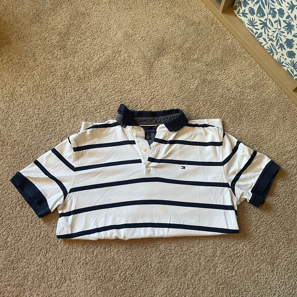 Tommy Hilfiger Polo Shirt - White and Navy Stripes